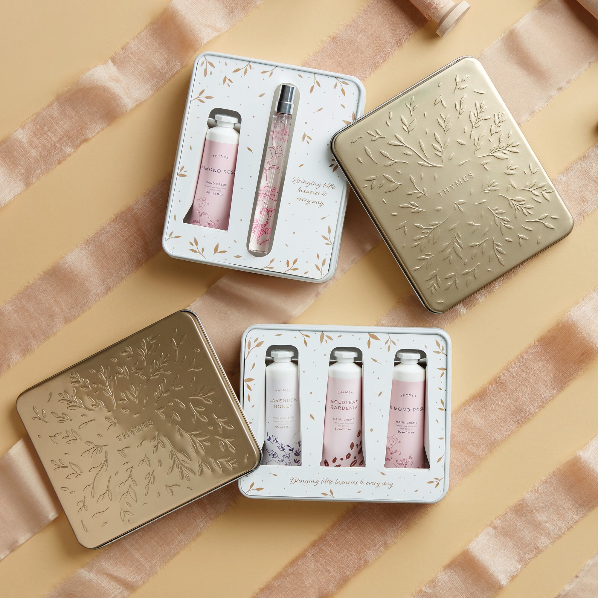 Kimono Rose. Lavender Honey & Goldleaf Gardenia Hand Cream Trio - Thymes