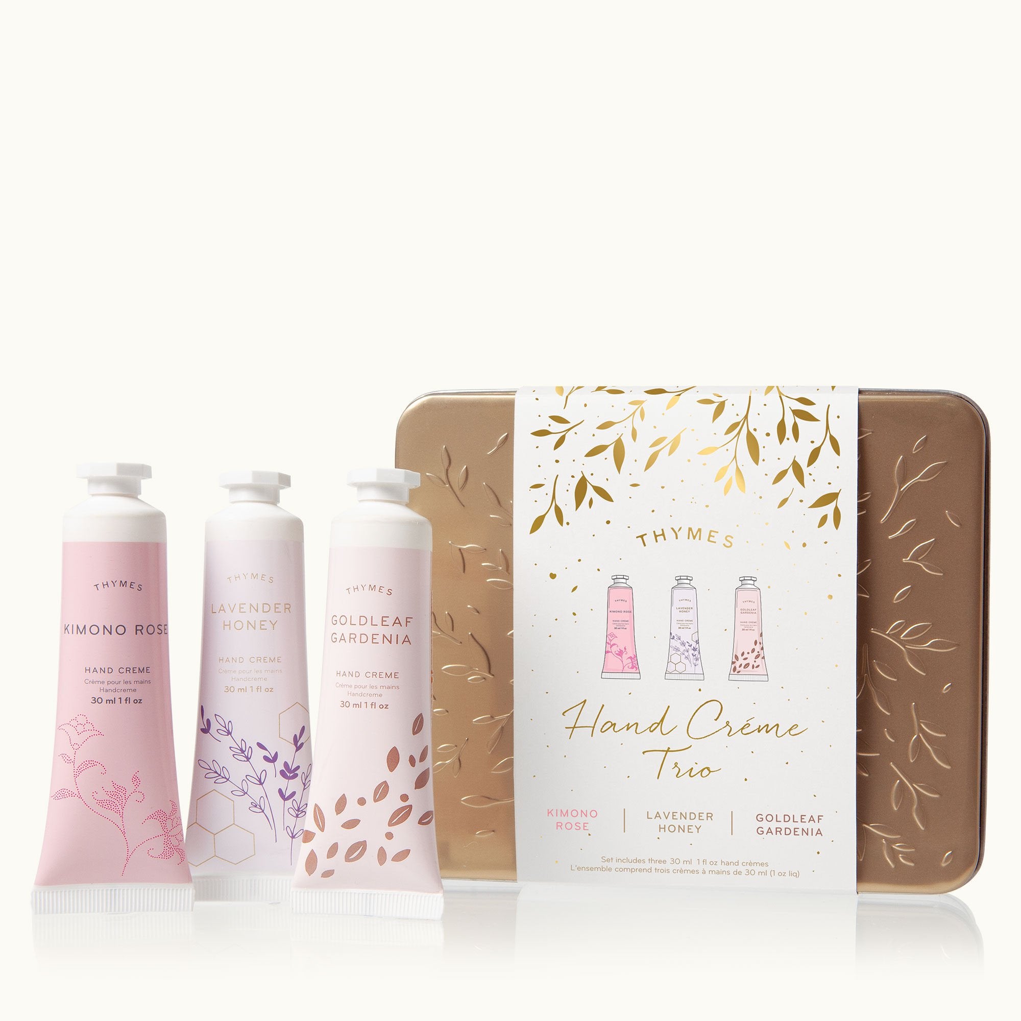 Kimono Rose. Lavender Honey & Goldleaf Gardenia Hand Cream Trio - Thymes